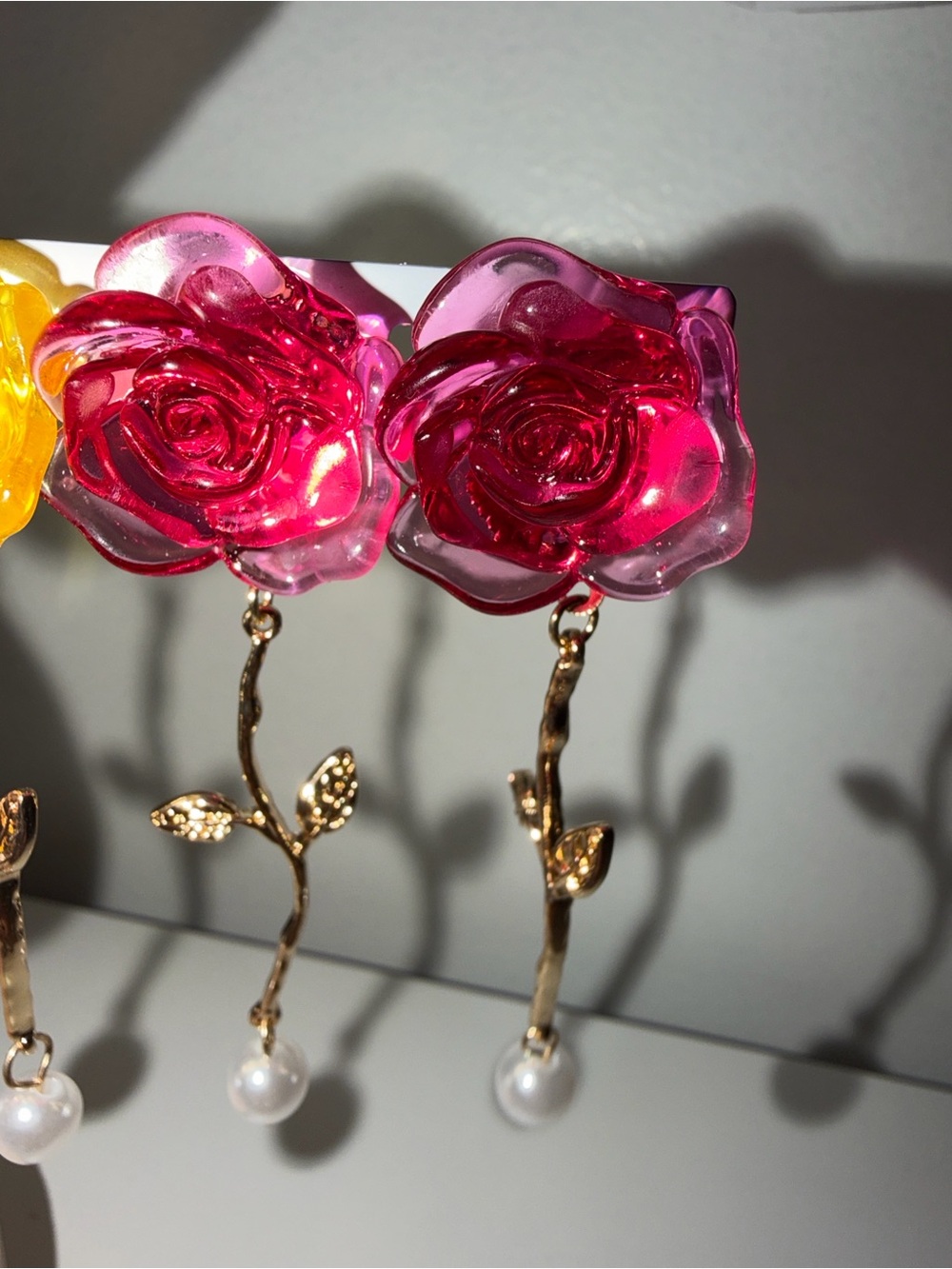 Pink Rose Drop Earrings with Gold Stem and Pearl